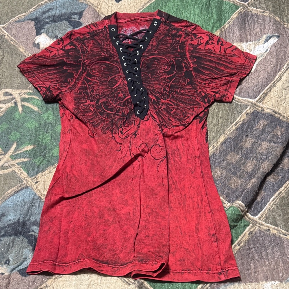 Affliction Red and Black Lace-Up Tee